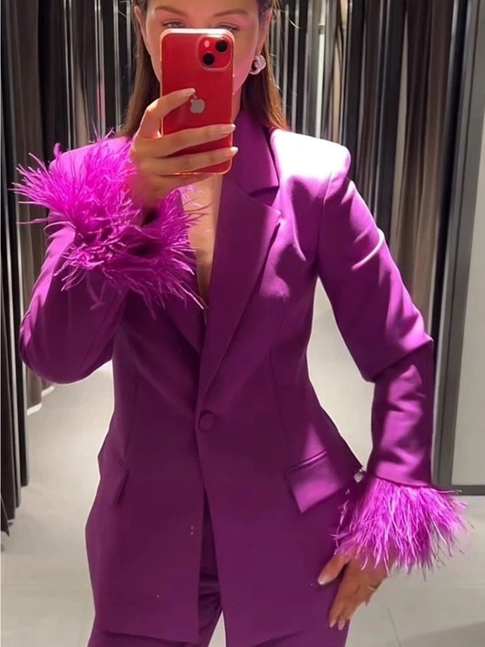 ZARA SS26 BLAZER WITH FEATHER CUFFS SHOULDER PADS PURPLE NEW Sz L 2654/593 NWT